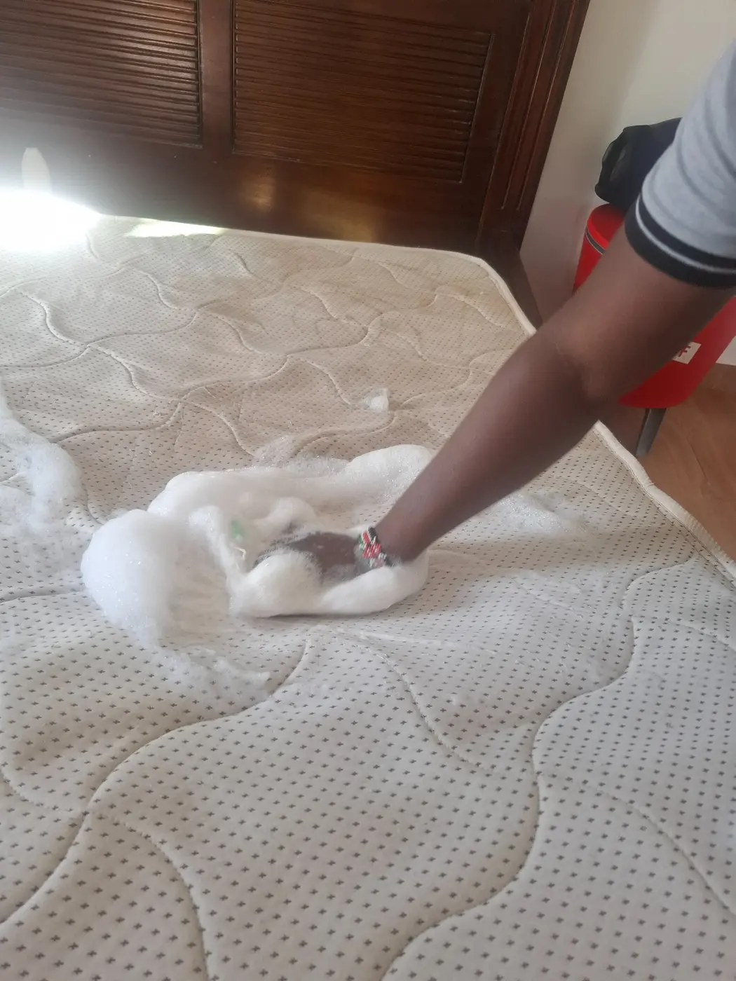 PrimeMax technician shampoo scrubbing a mattress during deep cleaning
